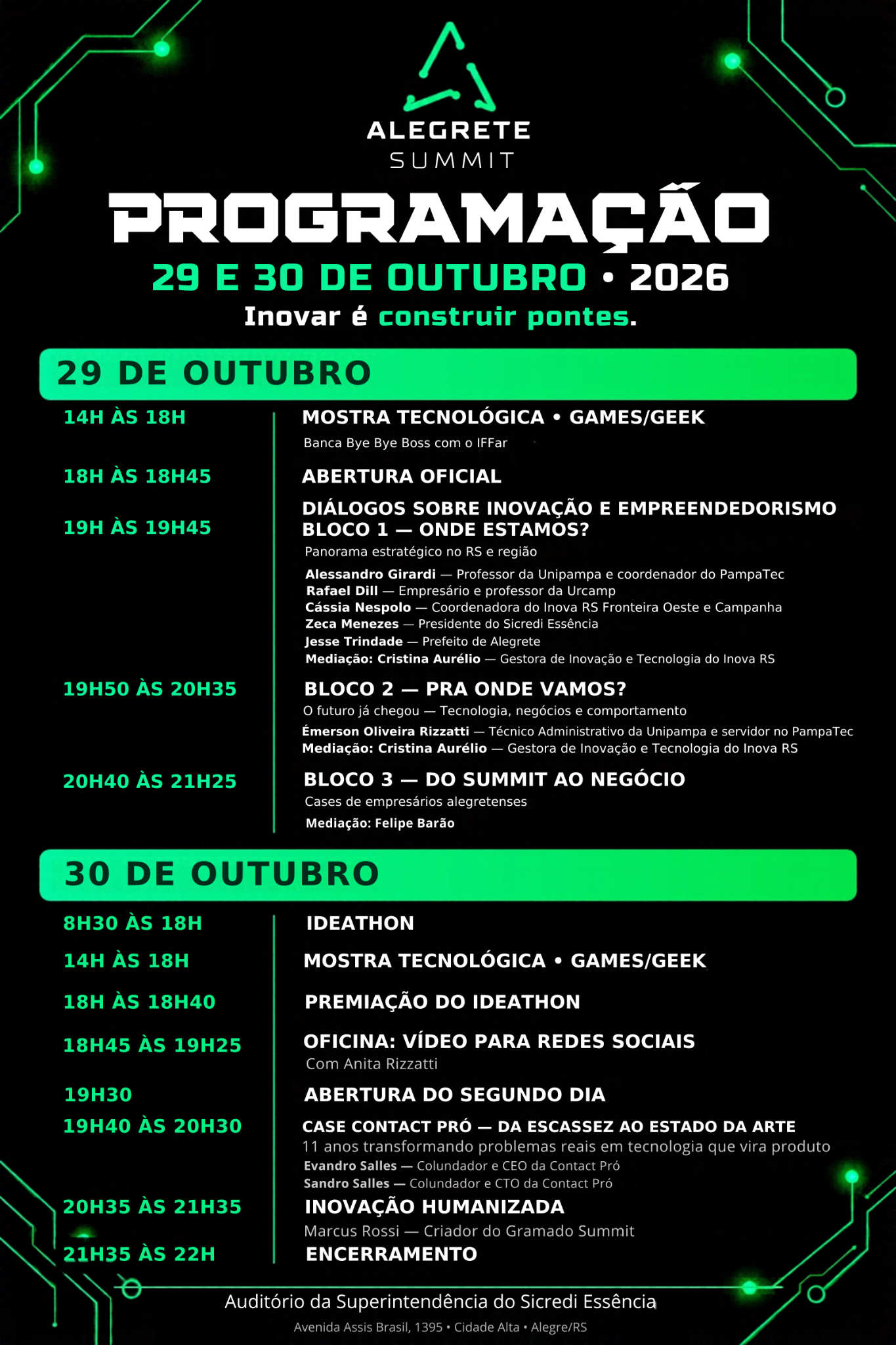 Cartaz oficial da programação do Alegrete Summit 2026. Todas as atividades, horários e participantes estão descritos acima.