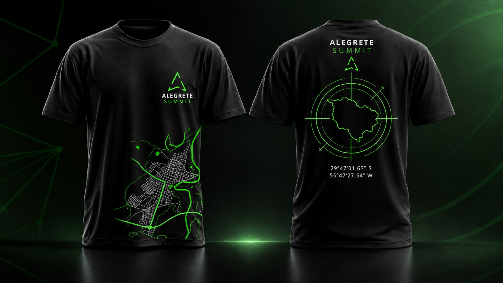 Modelo da camiseta preta Alegrete Summit 2026: frente com a marca e o mapa urbano de Alegrete, costas com o mapa do município e detalhes em verde.